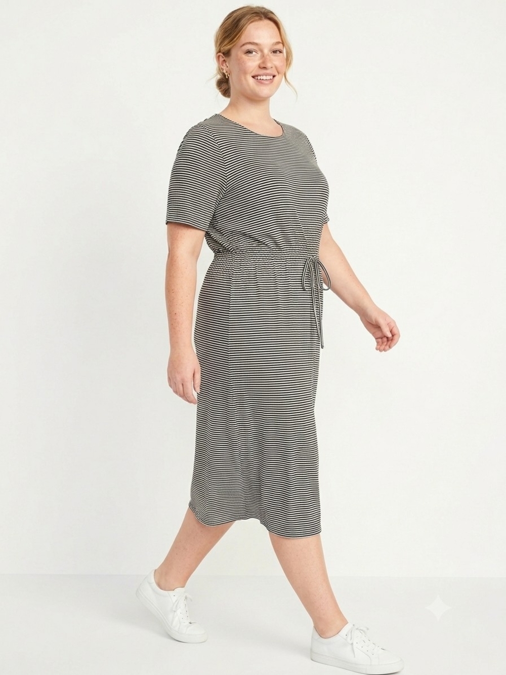 Black & White Striped Tie-Waist Midi Dress